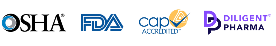 Logos for OSHA, FDA, CAP Accredited, and Diligent Pharma