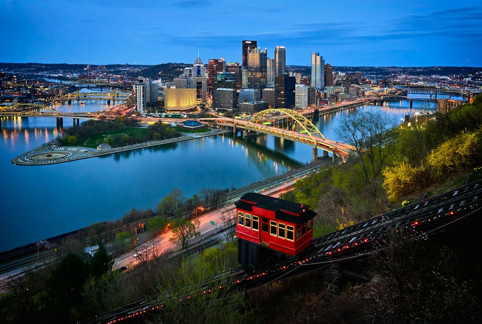 aerial photo of bridge and buildings under blue sky