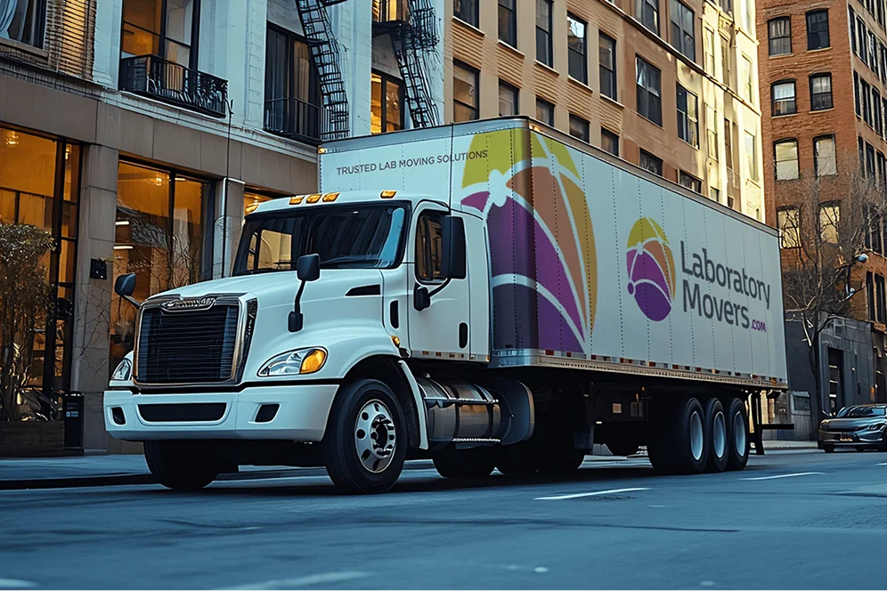 Laboratory Movers truck outside city building