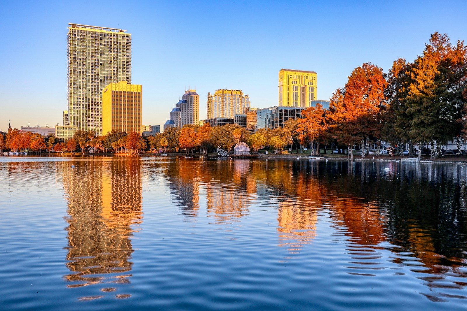 Downtown Orlando towers above Lake Eola Park