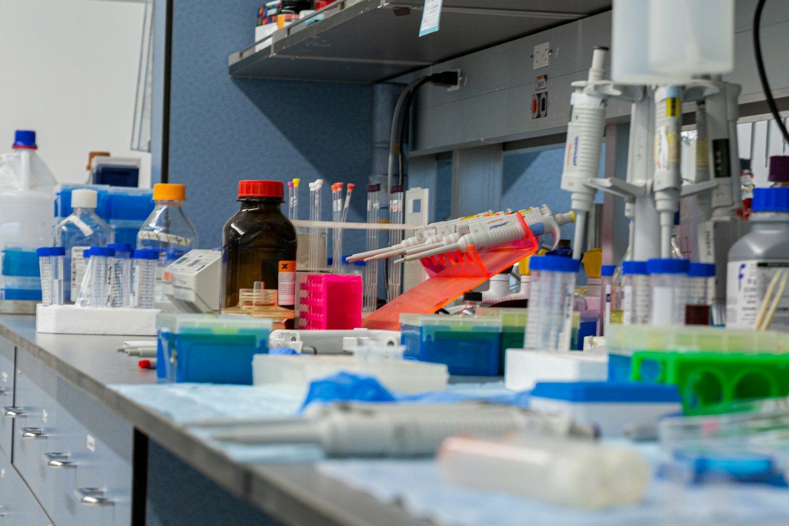 A laboratory table is filled with tools