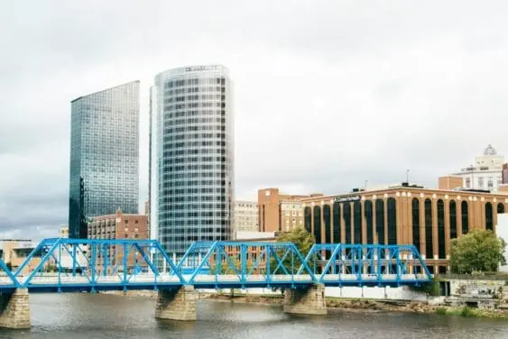 michigan skyline with bridge in foreground