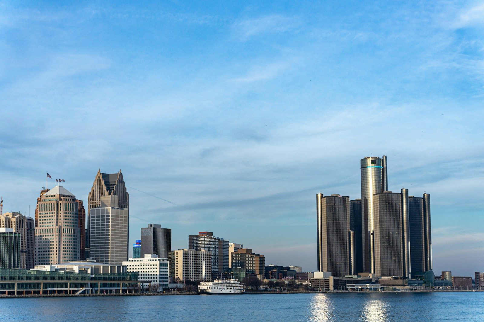 Detroit skyline and the Renaissance Center across the Detroit River