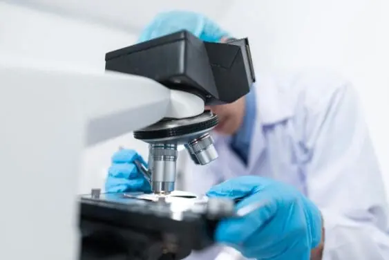 Scientist in lab using microscope