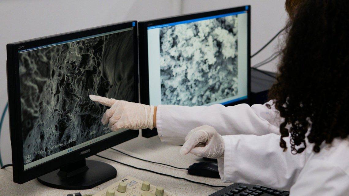 Scientist points to microscopic view on computer screen