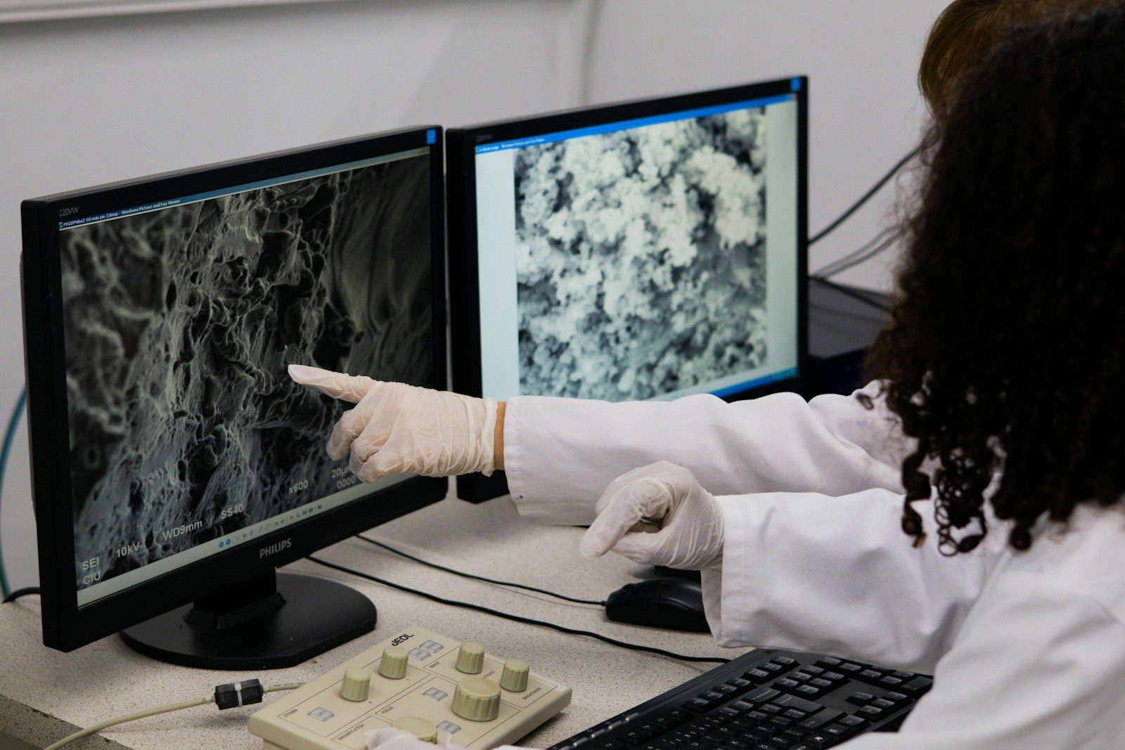 Scientist points to microscopic view on computer screen