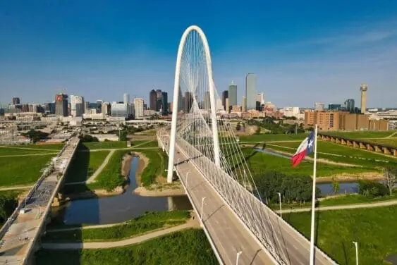 dallas skyline with margaret hunt hill bridge in foreground