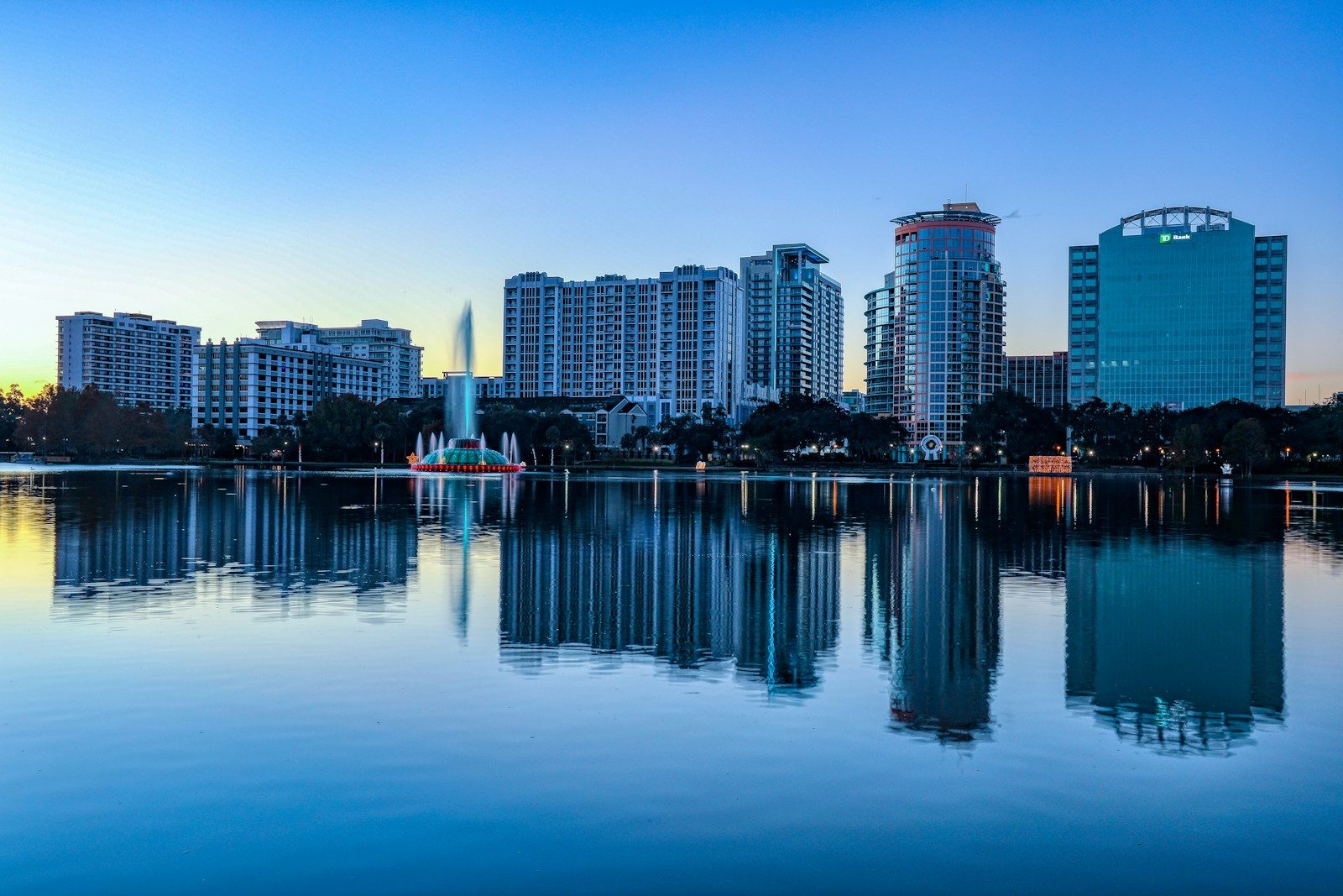 Downtown Orlando skyline reflected in Lake Eola